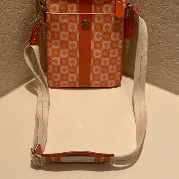 Coach Mini Messenger Crossbody Bag Purse Coral Cream Signature Logo Print - Picture 7 of 13